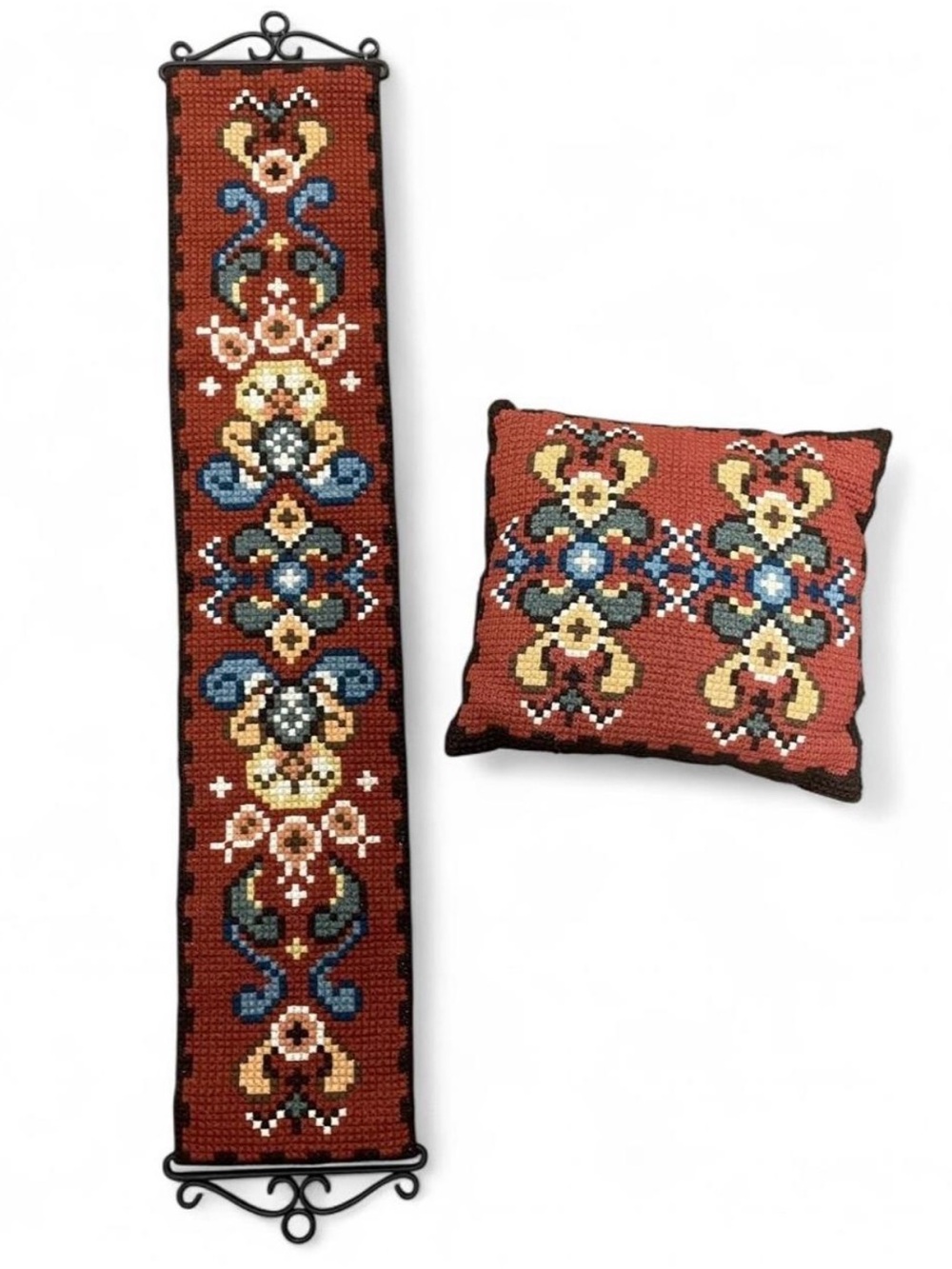 Traditional Scandinavian Hand Embroidered Wool Bell Pull Wall Hanging & Pillow